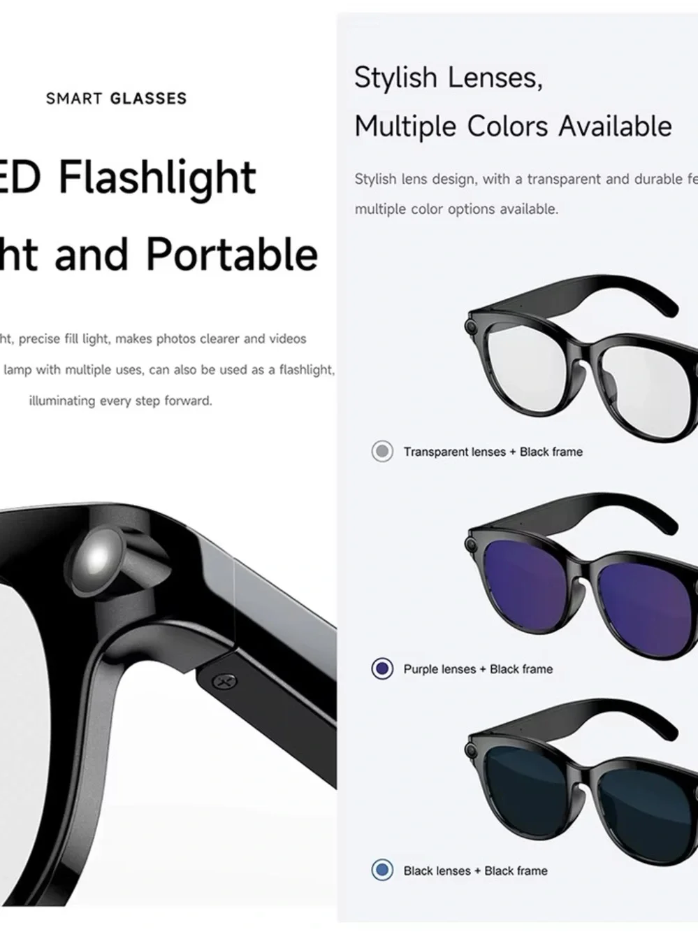 Black Smart Glasses with Interchangeable Lenses